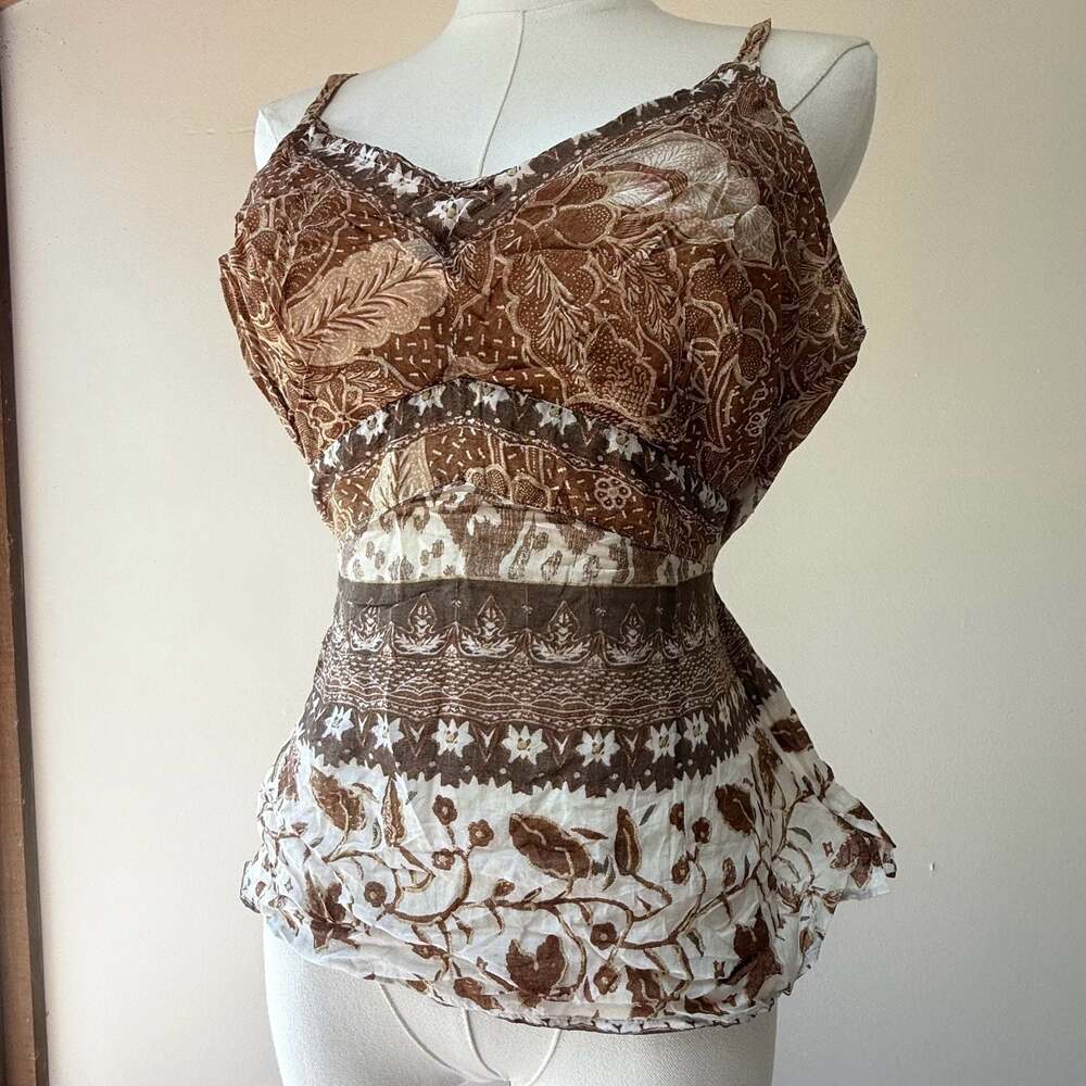 Vintage Y2K Brown Floral Print Sheer Cami Tank Top